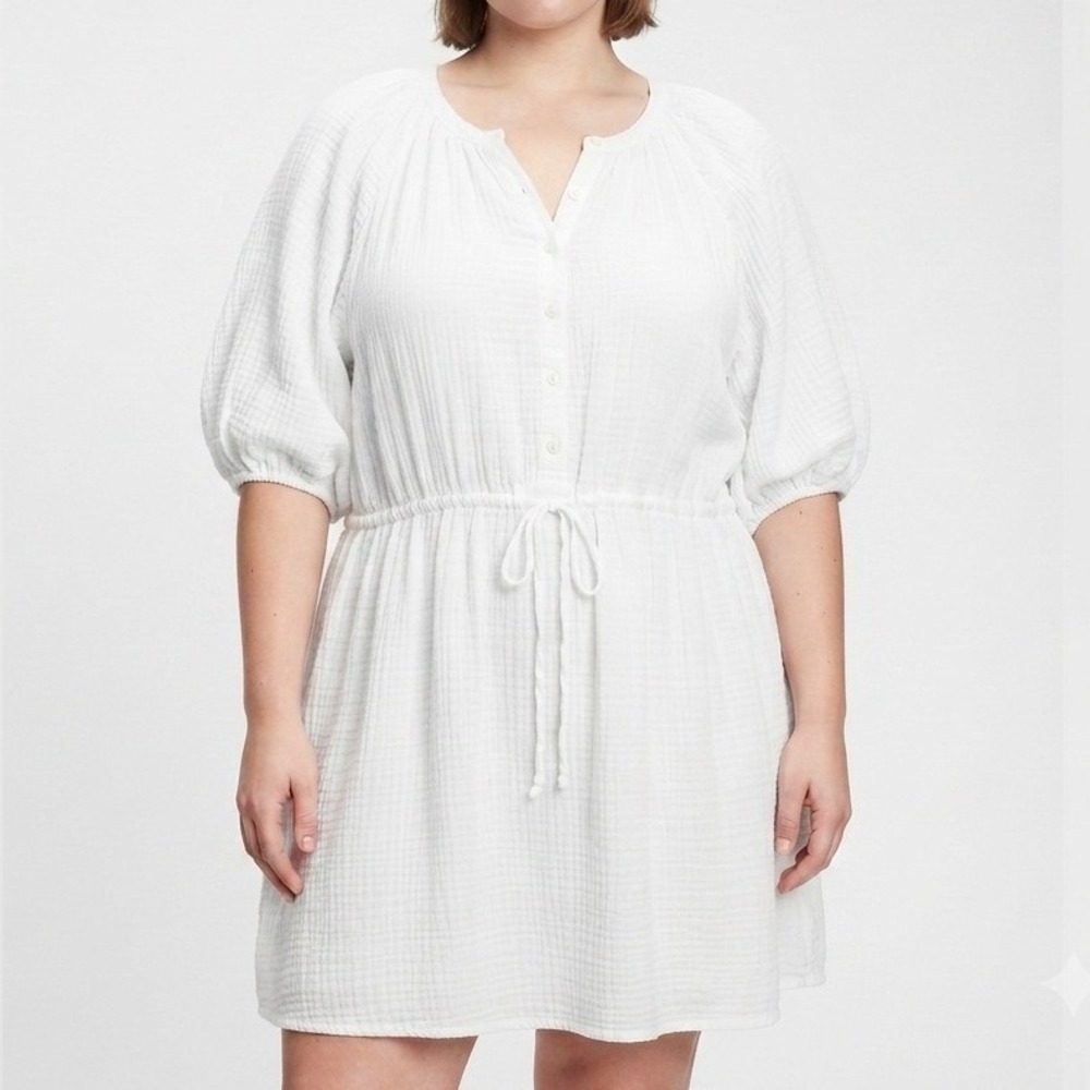 Old Navy Gauze Dress Womens XXL White Puff Sleeve Cotton Midi Boho Summer